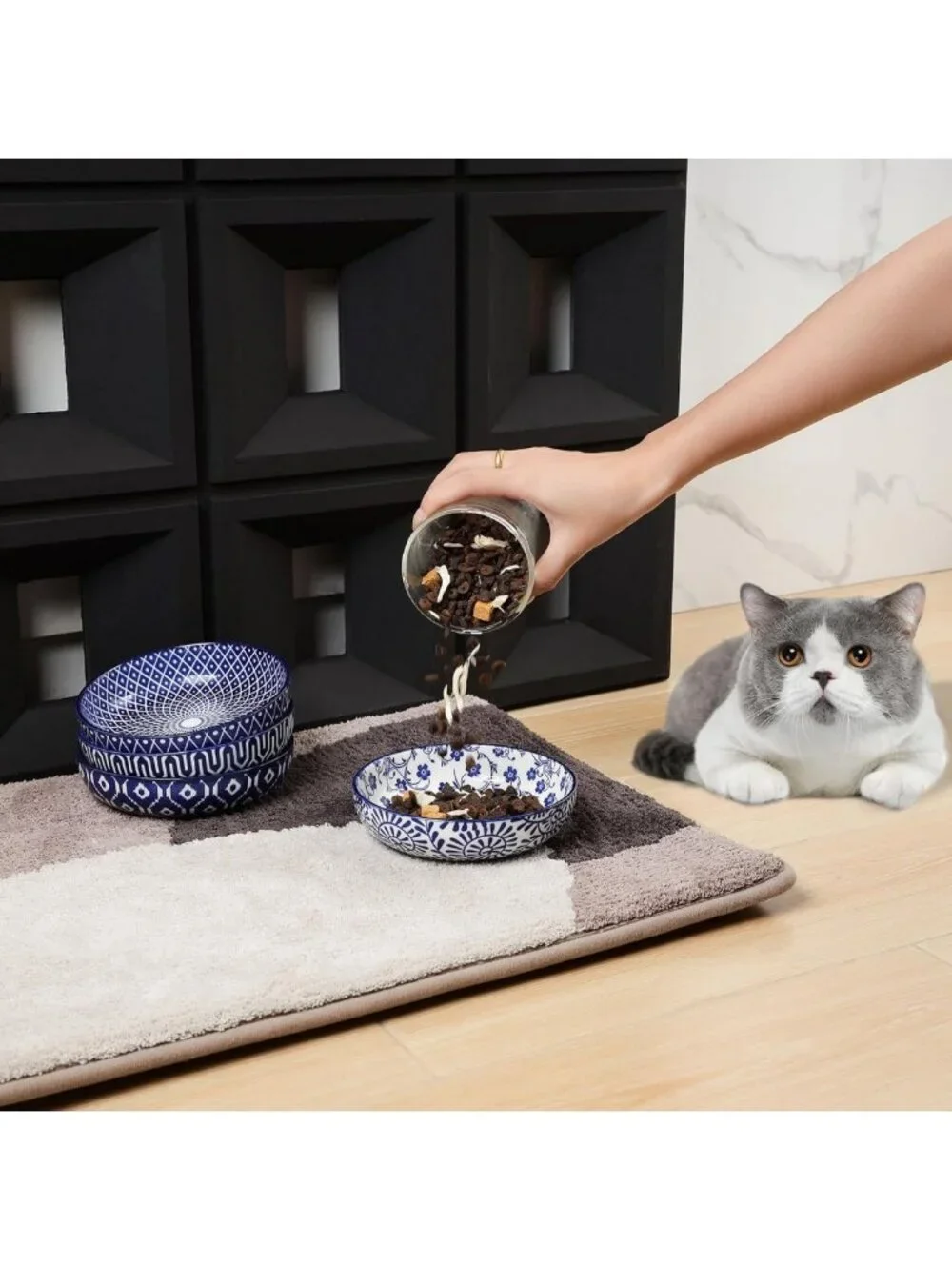 Set of 4 Vintage Blue Ceramic Cat Bowls - Shallow Dishes for Food & Water